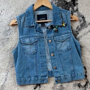 Monki Denim Vest with Colorful sequin Brooch and back patch
